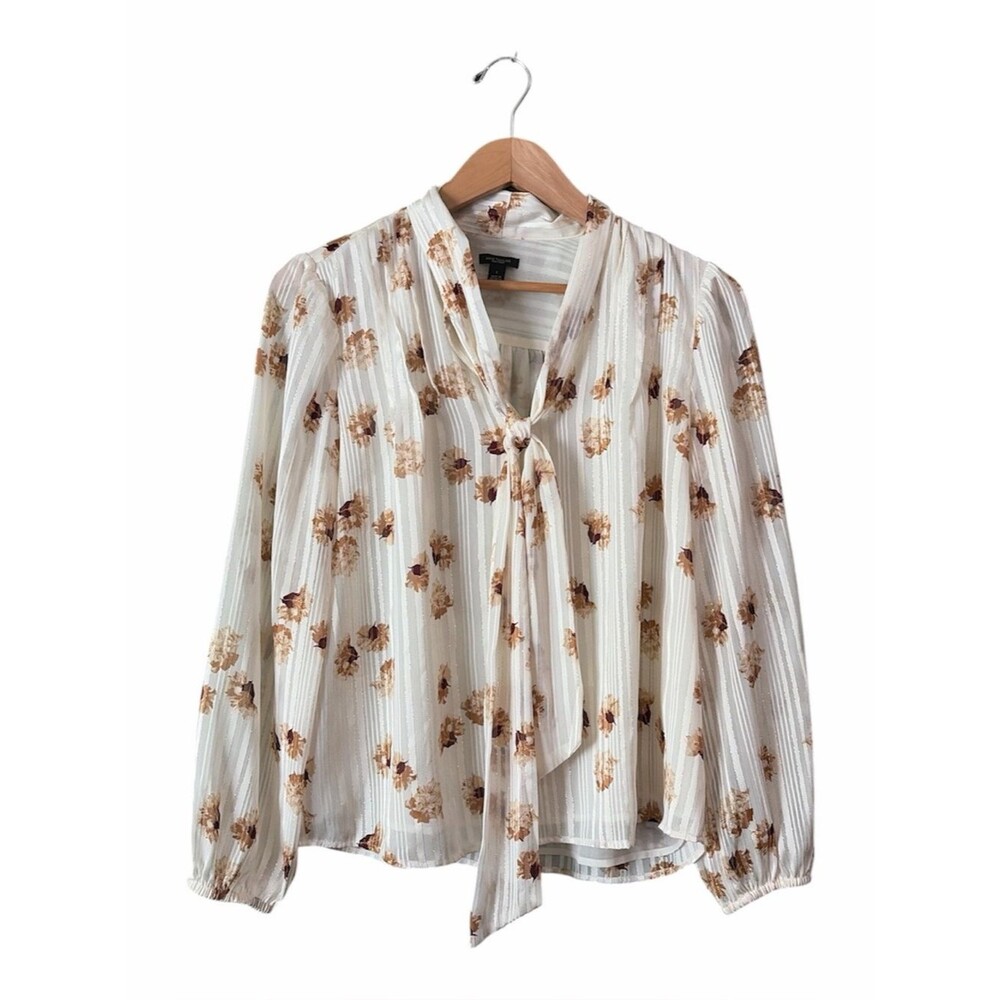 Ann Taylor White Brown Floral Silver Stripes Long Sleeve Blouse Sz S